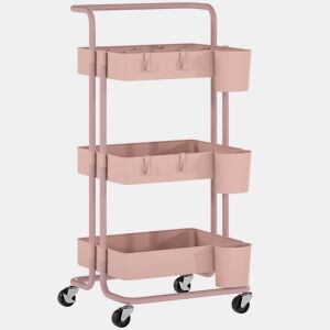 HOMCOM Carrinho de Cozinha de Aço Carrinho de Armazenamento com 4 Ganchos 3 Cestas Removíveis 3 Caixas Suspensas e Travões para Casa de Banho Sala de Estar Dormitório 42x38x86,5 cm Rosa
