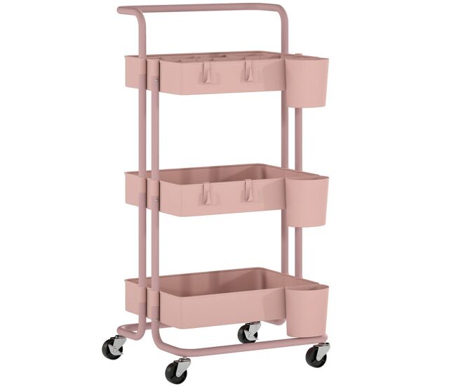Homcom carrito auxiliar con ruedas de 3 niveles carrito de cocina con mango 3 cestas de malla y 3 cajas colgantes carro de almacenamiento para baño