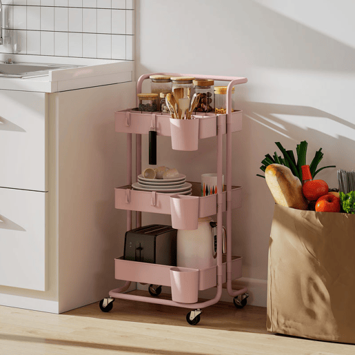 HOMCOM Carrinho de Cozinha de Aço Carrinho de Armazenamento com 4 Ganchos 3 Cestas Removíveis 3 Caixas Suspensas e Travões para Casa de Banho Sala de Estar Dormitório 42x38x86,5 cm Rosa