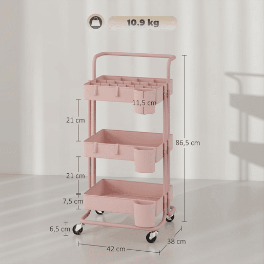 HOMCOM Carrinho de Cozinha de Aço Carrinho de Armazenamento com 4 Ganchos 3 Cestas Removíveis 3 Caixas Suspensas e Travões para Casa de Banho Sala de Estar Dormitório 42x38x86,5 cm Rosa