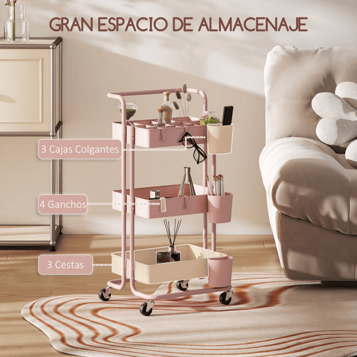 HOMCOM Carrinho de Cozinha de Aço Carrinho de Armazenamento com 4 Ganchos 3 Cestas Removíveis 3 Caixas Suspensas e Travões para Casa de Banho Sala de Estar Dormitório 42x38x86,5 cm Rosa