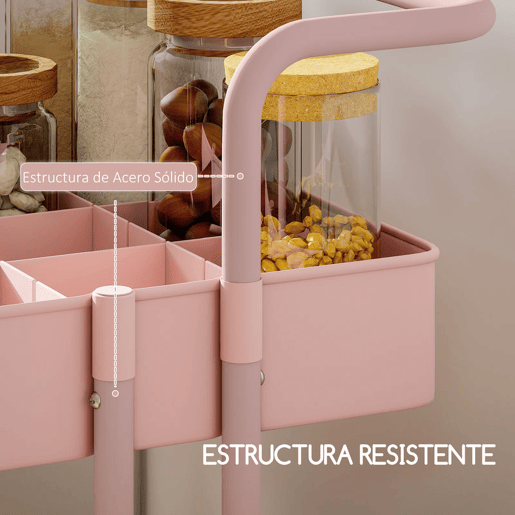 HOMCOM Carrinho de Cozinha de Aço Carrinho de Armazenamento com 4 Ganchos 3 Cestas Removíveis 3 Caixas Suspensas e Travões para Casa de Banho Sala de Estar Dormitório 42x38x86,5 cm Rosa