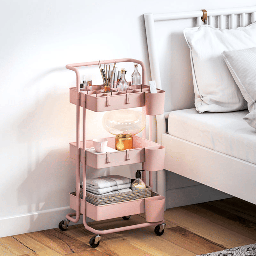 HOMCOM Carrinho de Cozinha de Aço Carrinho de Armazenamento com 4 Ganchos 3 Cestas Removíveis 3 Caixas Suspensas e Travões para Casa de Banho Sala de Estar Dormitório 42x38x86,5 cm Rosa