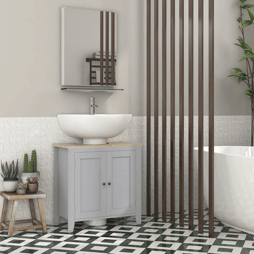 kleankin Móvel para Lavatório Pousar Armário para Casa de Banho com 2 Portas e Prateleira Ajustável Estilo Moderno 60x30x60 cm Cinza e Madeira