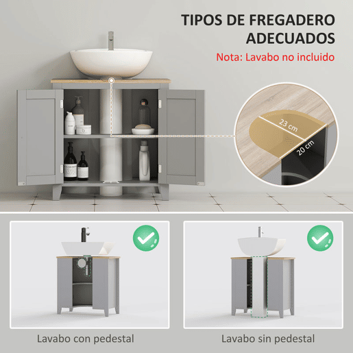 kleankin Móvel para Lavatório Pousar Armário para Casa de Banho com 2 Portas e Prateleira Ajustável Estilo Moderno 60x30x60 cm Cinza e Madeira