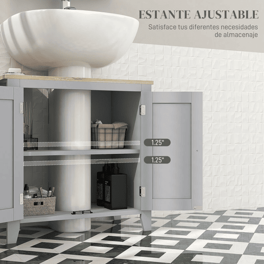 kleankin Móvel para Lavatório Pousar Armário para Casa de Banho com 2 Portas e Prateleira Ajustável Estilo Moderno 60x30x60 cm Cinza e Madeira