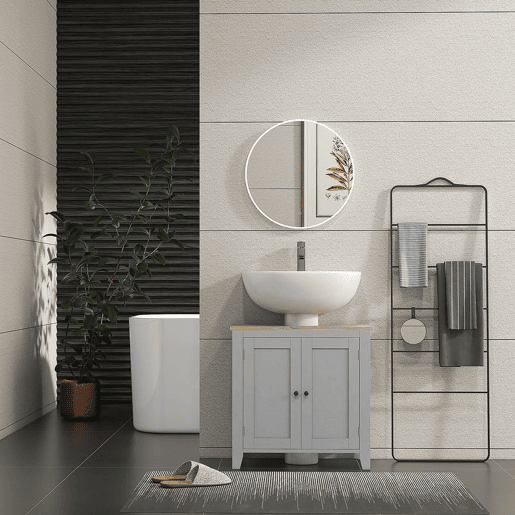 kleankin Móvel para Lavatório Pousar Armário para Casa de Banho com 2 Portas e Prateleira Ajustável Estilo Moderno 60x30x60 cm Cinza e Madeira