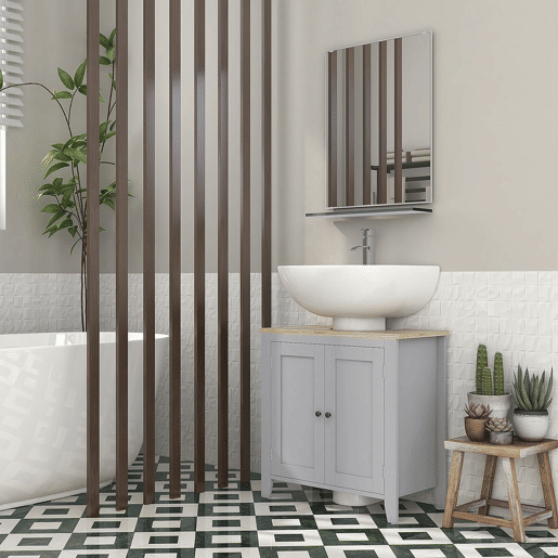 kleankin Móvel para Lavatório Pousar Armário para Casa de Banho com 2 Portas e Prateleira Ajustável Estilo Moderno 60x30x60 cm Cinza e Madeira