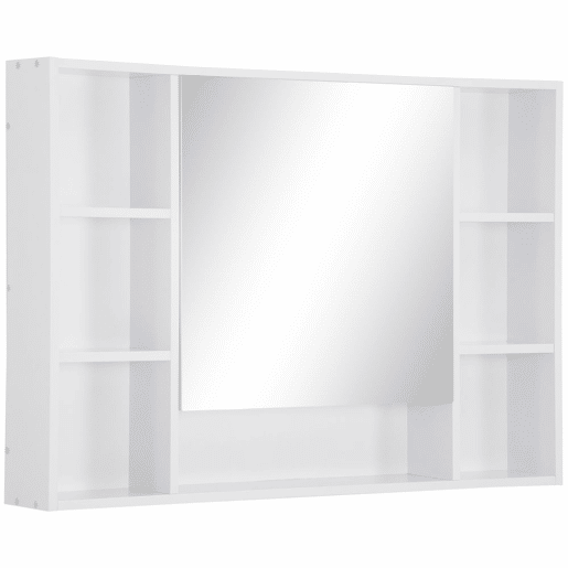 kleankin Armário de Casa de Banho com Espelho Armário de Parede Móvel de Casa de Banho Suspenso com Porta Prateleiras Abertas 100x15x70 cm Branco
