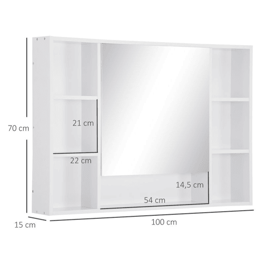 kleankin Armário de Casa de Banho com Espelho Armário de Parede Móvel de Casa de Banho Suspenso com Porta Prateleiras Abertas 100x15x70 cm Branco