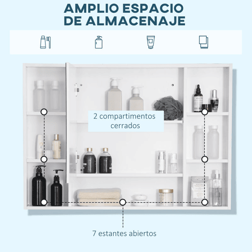 kleankin Armário de Casa de Banho com Espelho Armário de Parede Móvel de Casa de Banho Suspenso com Porta Prateleiras Abertas 100x15x70 cm Branco