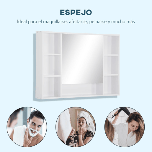 kleankin Armário de Casa de Banho com Espelho Armário de Parede Móvel de Casa de Banho Suspenso com Porta Prateleiras Abertas 100x15x70 cm Branco