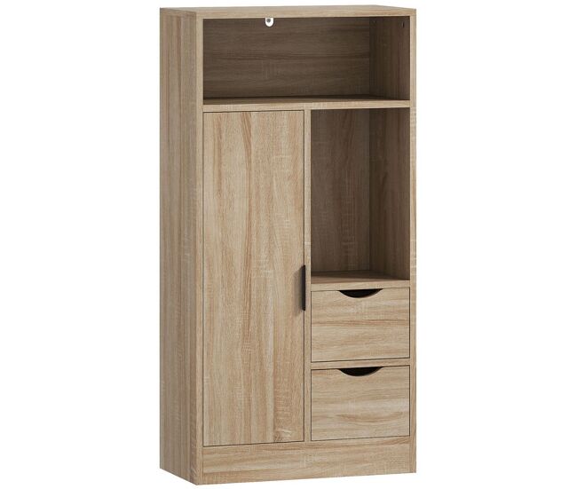 Homcom mueble de baño estrecho armario de baño con 2 cajones compartimento abierto y estantes ajustables para espacio pequeño cocina salón 50x25x100 cm natural