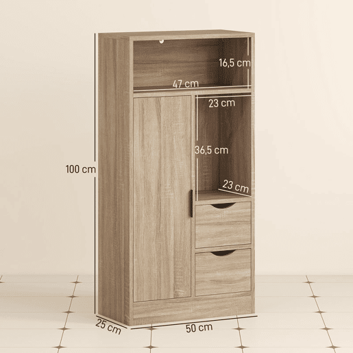 HOMCOM Móvel de Casa de Banho Estreito Armário de Casa de Banho com 2 Gavetas Compartimento Aberto e Prateleiras Ajustáveis para Espaço Pequeno Cozinha Sala 50x25x100 cm Madeira