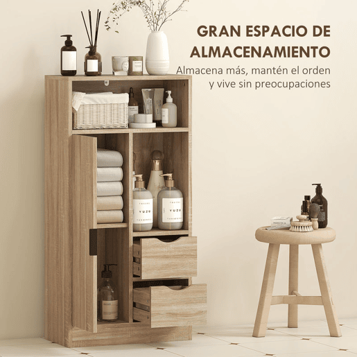 HOMCOM Móvel de Casa de Banho Estreito Armário de Casa de Banho com 2 Gavetas Compartimento Aberto e Prateleiras Ajustáveis para Espaço Pequeno Cozinha Sala 50x25x100 cm Madeira