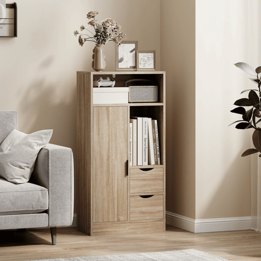 HOMCOM Móvel de Casa de Banho Estreito Armário de Casa de Banho com 2 Gavetas Compartimento Aberto e Prateleiras Ajustáveis para Espaço Pequeno Cozinha Sala 50x25x100 cm Madeira