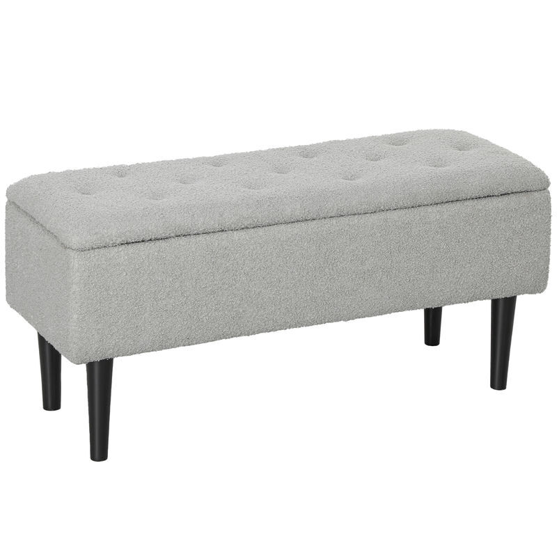 Homcom puff almacenaje, banco almacenaje plegable, capacidad de 57 l, 95x38x45 cm, tapizado en borreguito, pie de cama con tapa abatible y patas de madera, para salón, dormitorio, entrada, gris