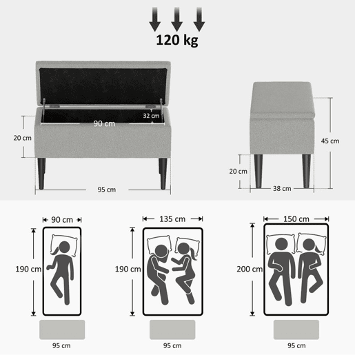 HOMCOM Banco de Armazenamento Dormitório Banco de Armazenamento Capacidade 47L Tampa Abatível e Pés de Madeira de Borracha Carga Máxima 120 kg 95x38x45 cm Cinza