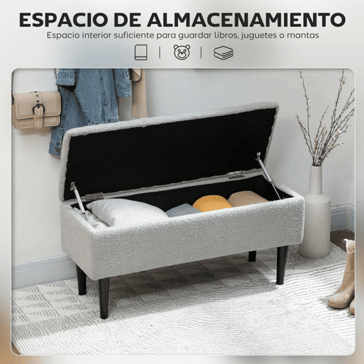 HOMCOM Banco de Armazenamento Dormitório Banco de Armazenamento Capacidade 47L Tampa Abatível e Pés de Madeira de Borracha Carga Máxima 120 kg 95x38x45 cm Cinza