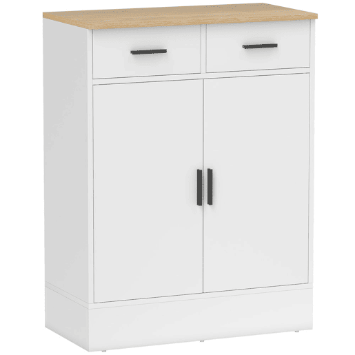 HOMCOM Aparador de 2 Portas Aparador de Sala de Estar com 2 Gavetas e Prateleiras Ajustáveis para Cozinha Entrada Quarto 68,6x35x90,3 cm Branco e Madeira