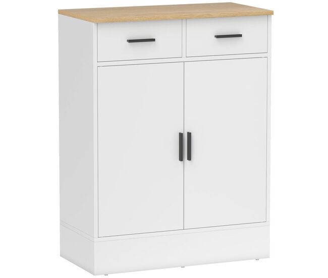 Homcom aparador de 2 puertas, aparador de salón con 2 cajones y estantes ajustables, para cocina, entrada, dormitorio, blanco y natural, 68,6x35x90,3 cm