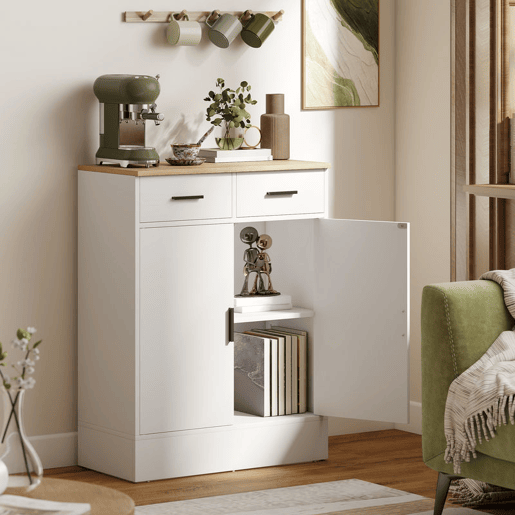 HOMCOM Aparador de 2 Portas Aparador de Sala de Estar com 2 Gavetas e Prateleiras Ajustáveis para Cozinha Entrada Quarto 68,6x35x90,3 cm Branco e Madeira