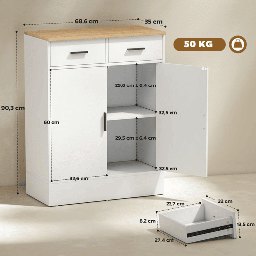 HOMCOM Aparador de 2 Portas Aparador de Sala de Estar com 2 Gavetas e Prateleiras Ajustáveis para Cozinha Entrada Quarto 68,6x35x90,3 cm Branco e Madeira