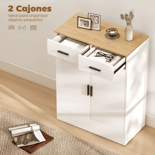 HOMCOM Aparador de 2 Portas Aparador de Sala de Estar com 2 Gavetas e Prateleiras Ajustáveis para Cozinha Entrada Quarto 68,6x35x90,3 cm Branco e Madeira