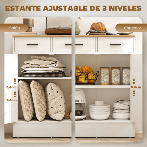 HOMCOM Aparador de 2 Portas Aparador de Sala de Estar com 2 Gavetas e Prateleiras Ajustáveis para Cozinha Entrada Quarto 68,6x35x90,3 cm Branco e Madeira