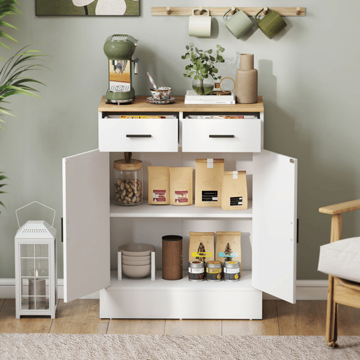 HOMCOM Aparador de 2 Portas Aparador de Sala de Estar com 2 Gavetas e Prateleiras Ajustáveis para Cozinha Entrada Quarto 68,6x35x90,3 cm Branco e Madeira