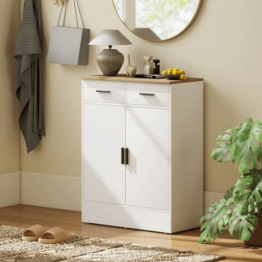HOMCOM Aparador de 2 Portas Aparador de Sala de Estar com 2 Gavetas e Prateleiras Ajustáveis para Cozinha Entrada Quarto 68,6x35x90,3 cm Branco e Madeira