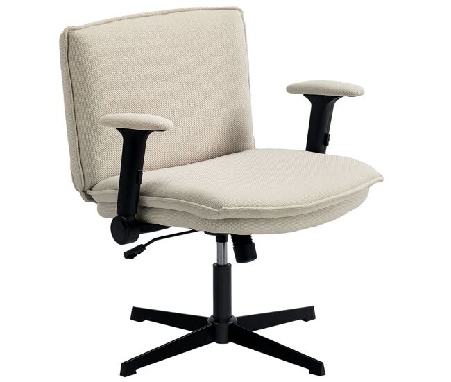 Homcom silla de oficina piernas cruzadas, silla de escritorio con reposabrazos abatible, asiento ancho de 63 cm, sin ruedas, altura ajustable,