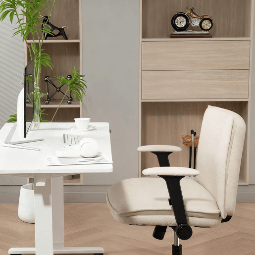 HOMCOM Cadeira de Escritório Cadeira de Secretária com Apoios de Braço Rebatíveis Assento Largo sem Rodas Altura Ajustável Giratória Função Basculante e Estofada em Linho 76x70x85-97 cm Creme