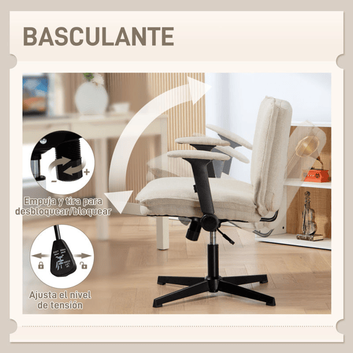 HOMCOM Cadeira de Escritório Cadeira de Secretária com Apoios de Braço Rebatíveis Assento Largo sem Rodas Altura Ajustável Giratória Função Basculante e Estofada em Linho 76x70x85-97 cm Creme