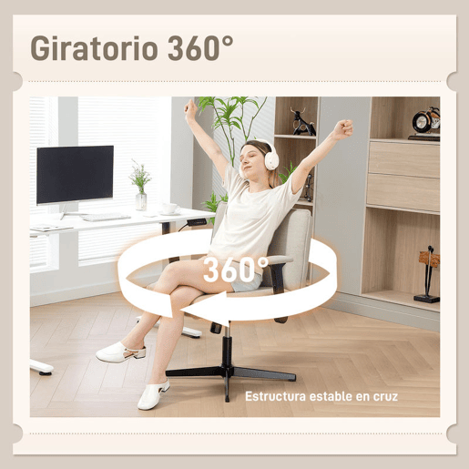 HOMCOM Cadeira de Escritório Cadeira de Secretária com Apoios de Braço Rebatíveis Assento Largo sem Rodas Altura Ajustável Giratória Função Basculante e Estofada em Linho 76x70x85-97 cm Creme