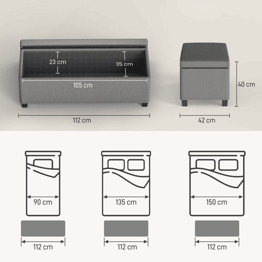HOMCOM Banco de Arrumação Banco com Armazenamento Capacidade de 84 L 112x42x40 cm Estofado em Veludo Banco Pé de Cama para Dormitório Cinzento