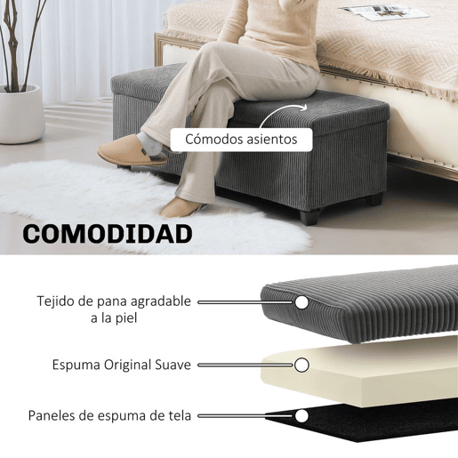 HOMCOM Banco de Arrumação Banco com Armazenamento Capacidade de 84 L 112x42x40 cm Estofado em Veludo Banco Pé de Cama para Dormitório Cinzento