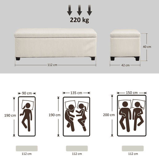 HOMCOM Banco de Arrumação Banco com Armazenamento Capacidade de 84 L 112x42x40 cm Estofado em Veludo Banco Pé de Cama para Dormitório Bege
