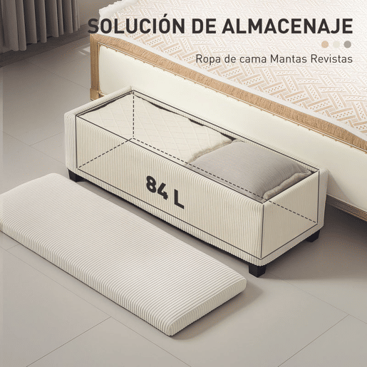 HOMCOM Banco de Arrumação Banco com Armazenamento Capacidade de 84 L 112x42x40 cm Estofado em Veludo Banco Pé de Cama para Dormitório Bege
