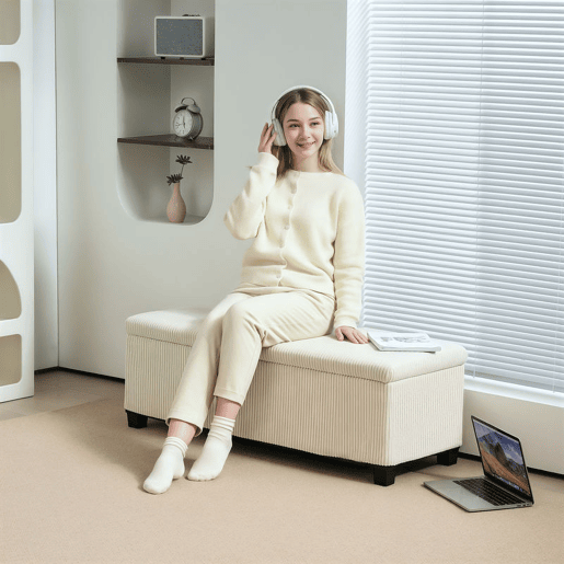 HOMCOM Banco de Arrumação Banco com Armazenamento Capacidade de 84 L 112x42x40 cm Estofado em Veludo Banco Pé de Cama para Dormitório Bege
