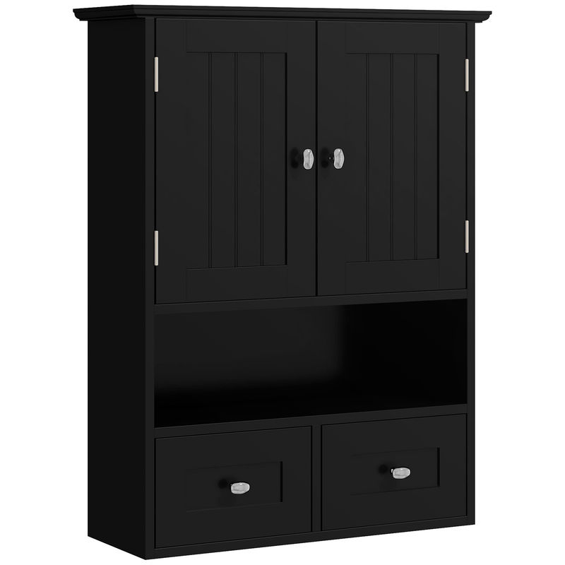 Kleankin armario de baño de pared, armario colgante, mueble suspendido de baño, 2 puertas con cierre magnético, 2 cajones y estante abierto, para cocina, lavadero, 50,8x17,8x66 cm, negro