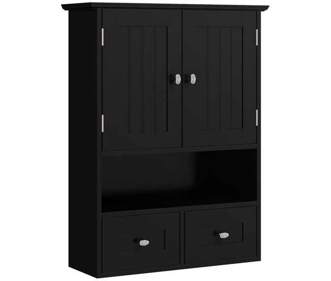 Kleankin armario de baño de pared, armario colgante, mueble suspendido de baño, 2 puertas con cierre magnético, 2 cajones y estante abierto, para