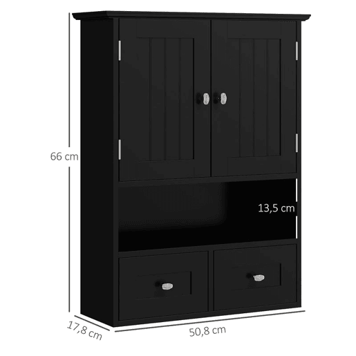 kleankin Armário de Parede para Casa de Banho Armário Suspenso de Casa de Banho com 2 Portas Prateleira Aberta e 2 Gavetas Estilo Moderno 50,8x17,8x66 cm Preto