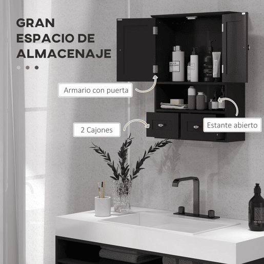 kleankin Armário de Parede para Casa de Banho Armário Suspenso de Casa de Banho com 2 Portas Prateleira Aberta e 2 Gavetas Estilo Moderno 50,8x17,8x66 cm Preto