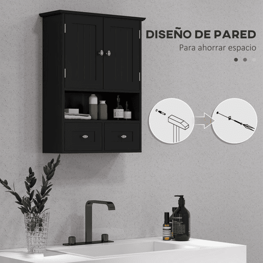 kleankin Armário de Parede para Casa de Banho Armário Suspenso de Casa de Banho com 2 Portas Prateleira Aberta e 2 Gavetas Estilo Moderno 50,8x17,8x66 cm Preto