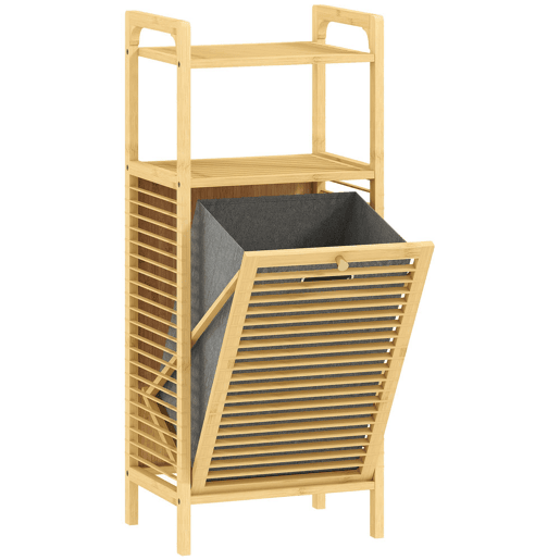 HOMCOM Armário para Roupa de Bambu Móvel Auxiliar para Casa de Banho 40x30x95 cm com 2 Prateleiras Abertas Cesto Amovível Pega e Desenho com Ripas para Espaços Pequenos Madeira