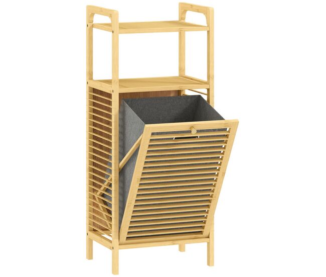 Homcom mueble de baño con cesto ropa sucia, mueble ropa sucia de bambú, bolsa de ropa extraíble 37 l y lavable con asa, 2 estantes abiertos, para lavadero, 40x30x95 cm natural y gris
