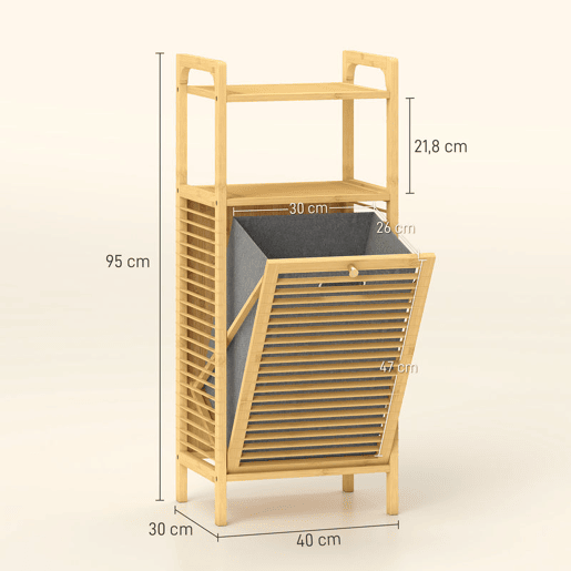 HOMCOM Armário para Roupa de Bambu Móvel Auxiliar para Casa de Banho 40x30x95 cm com 2 Prateleiras Abertas Cesto Amovível Pega e Desenho com Ripas para Espaços Pequenos Madeira