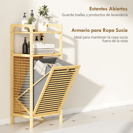 HOMCOM Armário para Roupa de Bambu Móvel Auxiliar para Casa de Banho 40x30x95 cm com 2 Prateleiras Abertas Cesto Amovível Pega e Desenho com Ripas para Espaços Pequenos Madeira