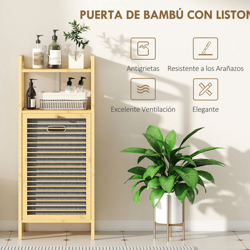 HOMCOM Armário para Roupa de Bambu Móvel Auxiliar para Casa de Banho 40x30x95 cm com 2 Prateleiras Abertas Cesto Amovível Pega e Desenho com Ripas para Espaços Pequenos Madeira